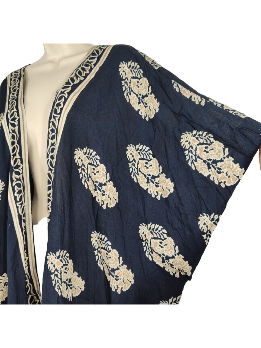Hipster Row Blue Tan Open Front Jacket Kimono Cover Up Women Size XL FLAW - Picture 3 of 8